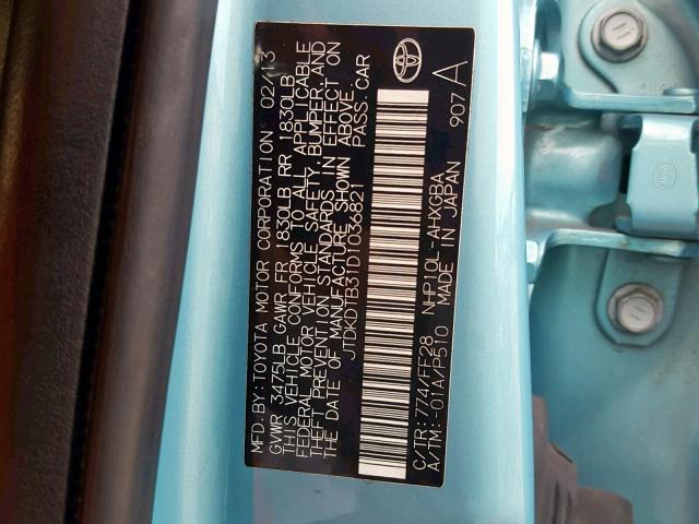 JTDKDTB31D1036821 - 2013 TOYOTA PRIUS C TURQUOISE photo 10