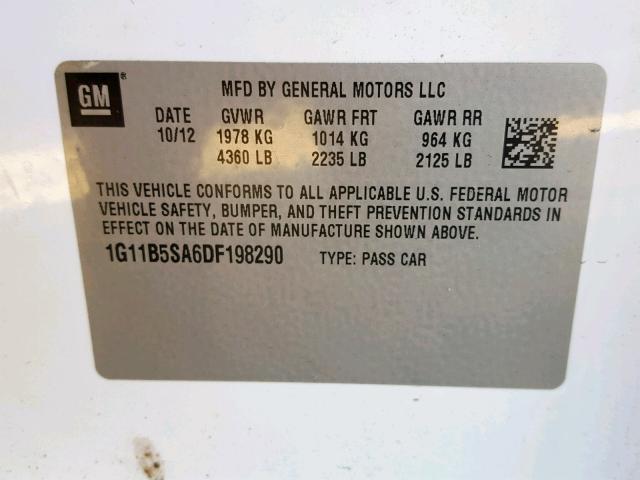 1G11B5SA6DF198290 - 2013 CHEVROLET MALIBU LS 白色 照片 10