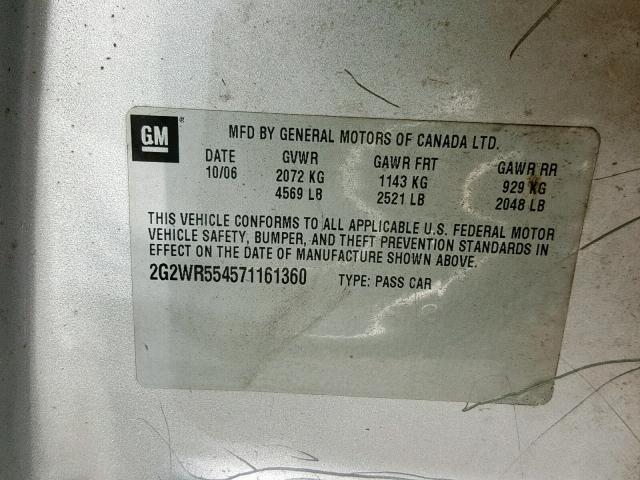 2G2WR554571161360 - 2007 PONTIAC GRAND PRIX SILVER photo 10