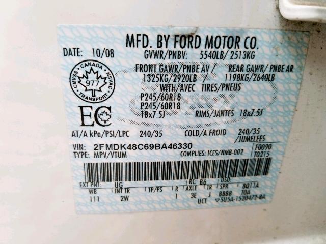 2FMDK48C69BA46330 - 2009 FORD EDGE SEL WHITE photo 10