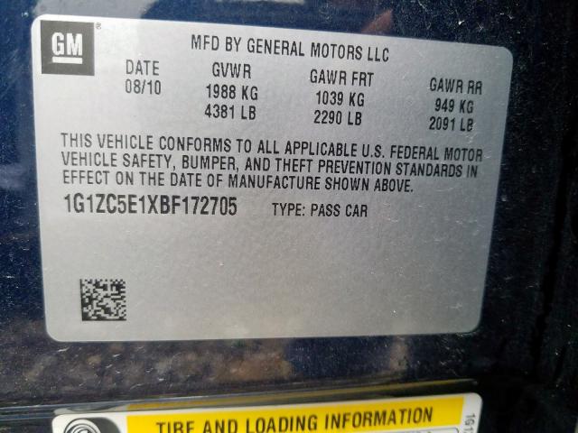 1G1ZC5E1XBF172705 - 2011 CHEVROLET MALIBU 1LT 蓝色 照片 10