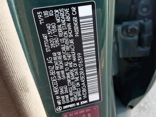 WDBGA43E2RA176399 - 1994 MERCEDES-BENZ S 420 GREEN photo 10