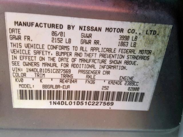 1N4DL01D51C227569 - 2001 NISSAN ALTIMA XE GRAY photo 10