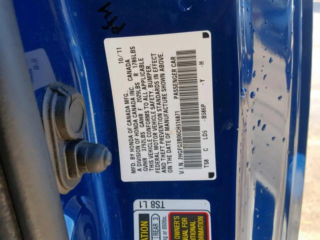 2HGFG3B06CH516871 - 2012 HONDA CIVIC EXL BLUE photo 10