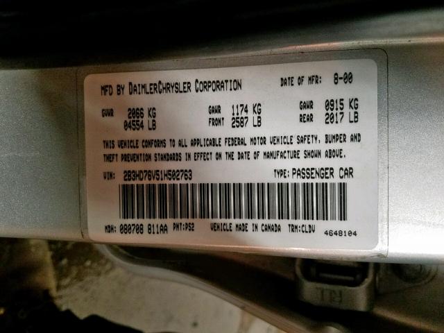 2B3HD76V51H502763 - 2001 DODGE INTREPID R SILVER photo 10