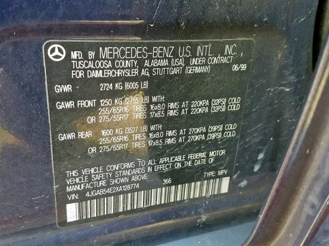 4JGAB54E2XA128774 - 1999 MERCEDES-BENZ ML 320 BLUE photo 10