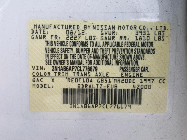 3N1AB6AP7CL776679 - 2012 NISSAN SENTRA 2.0 WHITE photo 10