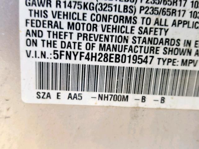 5FNYF4H28EB019547 - 2014 HONDA PILOT LX SILVER photo 10