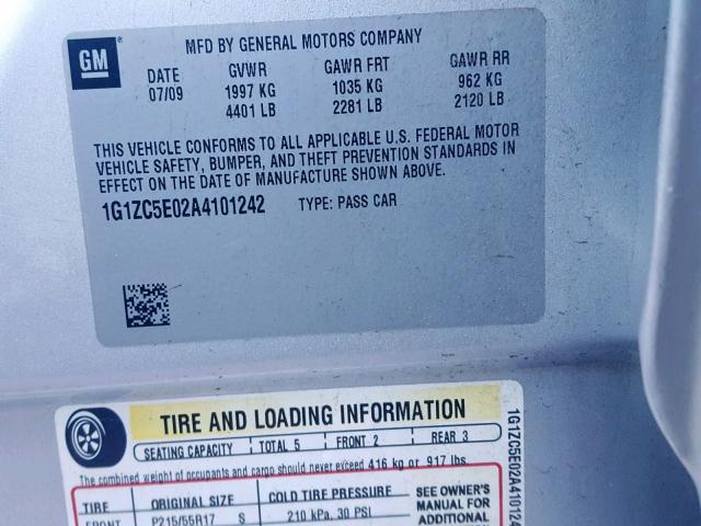 1G1ZC5E02A4101242 - 2010 CHEVROLET MALIBU 1LT SILVER photo 10