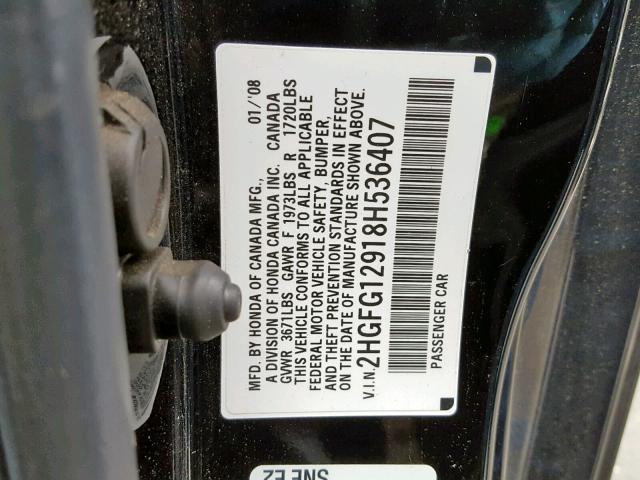 2HGFG12918H536407 - 2008 HONDA CIVIC EXL BLACK photo 10