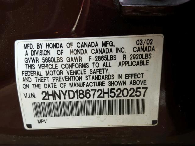 2HNYD18672H520257 - 2002 ACURA MDX TOURIN MAROON photo 10