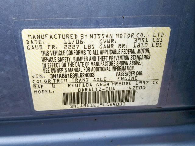 3N1AB61E39L624003 - 2009 NISSAN SENTRA 2.0 BLUE photo 10