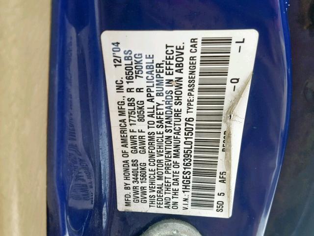 1HGES16395L015076 - 2005 HONDA CIVIC DX V BLUE photo 10