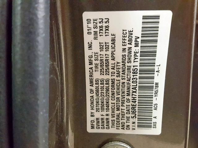 5J6RE4H7XAL031851 - 2010 HONDA CR-V EXL SILVER photo 10