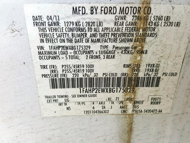 1FAHP2EWXBG175329 - 2011 FORD TAURUS SEL WHITE photo 10