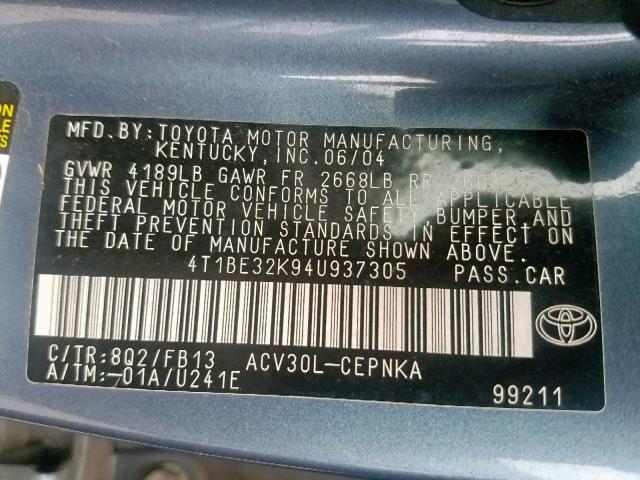 4T1BE32K94U937305 - 2004 TOYOTA CAMRY LE BLUE photo 10