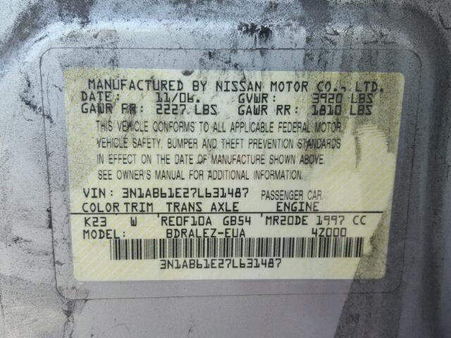 3N1AB61E27L631487 - 2007 NISSAN SENTRA 2.0 SILVER photo 10