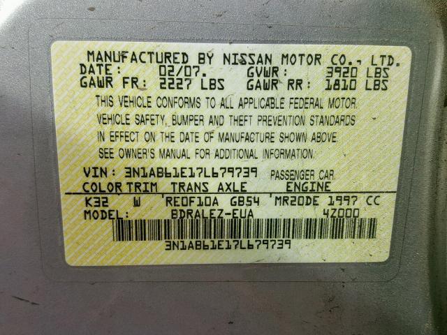 3N1AB61E17L679739 - 2007 NISSAN SENTRA 2.0 GOLD photo 10