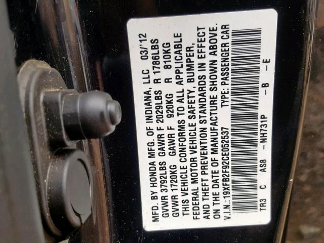 19XFB2F92CE052537 - 2012 HONDA CIVIC EXL BLACK photo 10