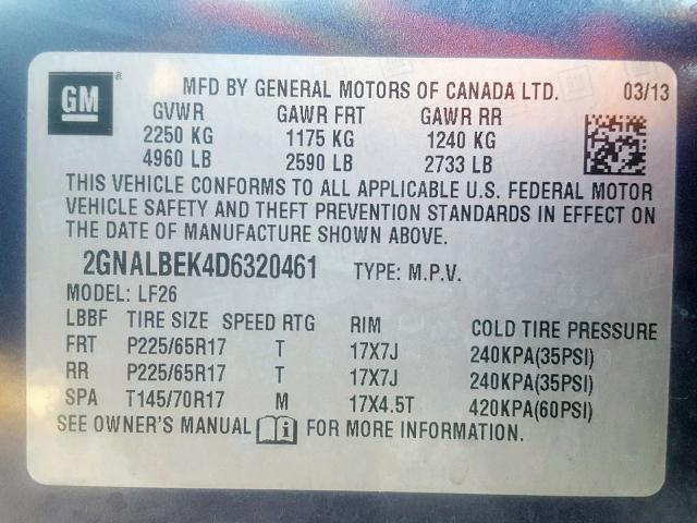 2GNALBEK4D6320461 - 2013 CHEVROLET EQUINOX LS GRAY photo 10