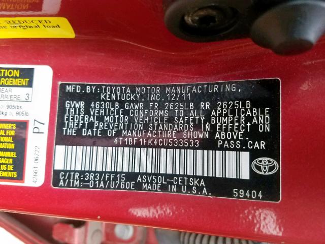4T1BF1FK4CU533533 - 2012 TOYOTA CAMRY BASE RED photo 10