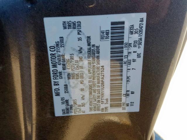 1FTYR11U26PA27524 - 2006 FORD RANGER GRAY photo 10