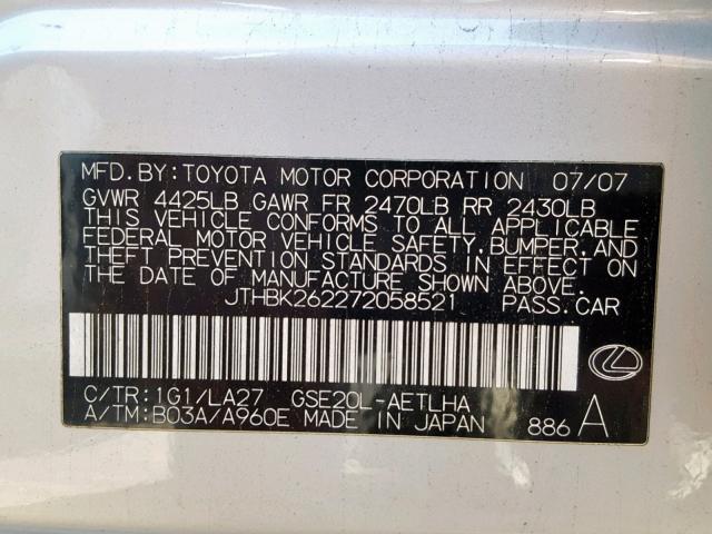 JTHBK262272058521 - 2007 LEXUS IS 250 SILVER photo 10