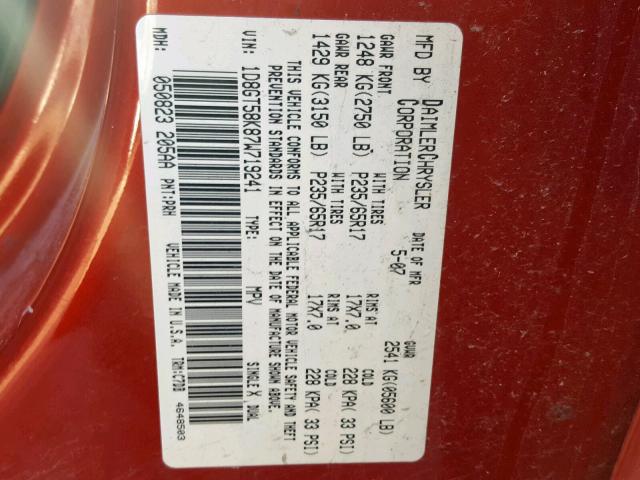 1D8GT58K87W719241 - 2007 DODGE NITRO SLT MAROON photo 10