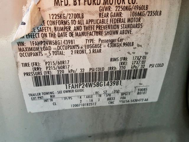 1FAHP24W58G143981 - 2008 FORD TAURUS SEL SILVER photo 10