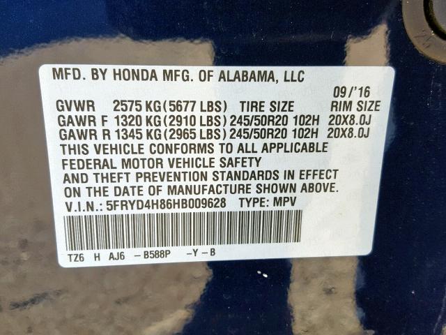 5FRYD4H86HB009628 - 2017 ACURA MDX ADVANC BLUE photo 10