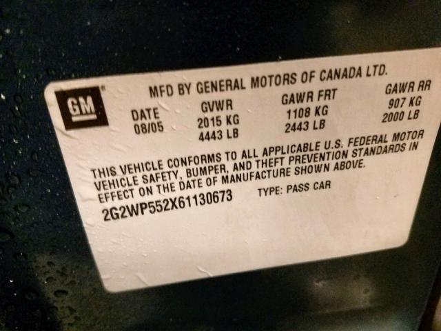 2G2WP552X61130673 - 2006 PONTIAC GRAND PRIX Կապույտ լուսանկար 10