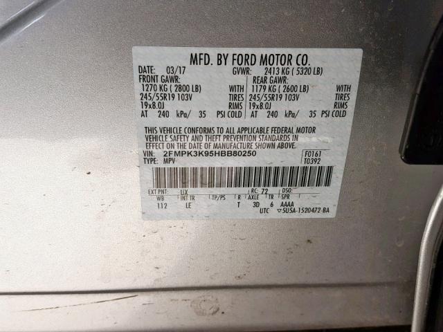 2FMPK3K95HBB80250 - 2017 FORD EDGE TITAN SILVER photo 10