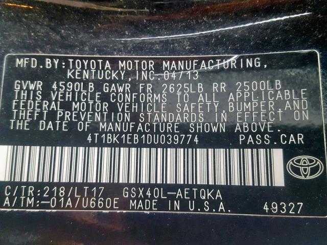 4T1BK1EB1DU039774 - 2013 TOYOTA AVALON BAS BLACK photo 10