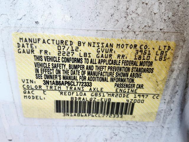 3N1AB6AP6CL772333 - 2012 NISSAN SENTRA 2.0 WHITE photo 10