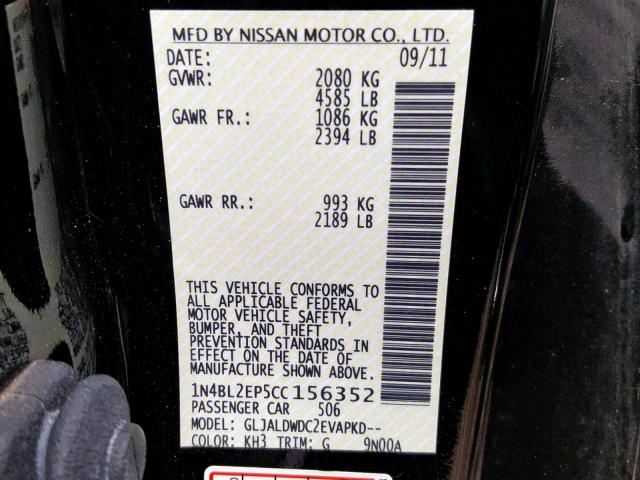 1N4BL2EP5CC156352 - 2012 NISSAN ALTIMA SR BLACK photo 10