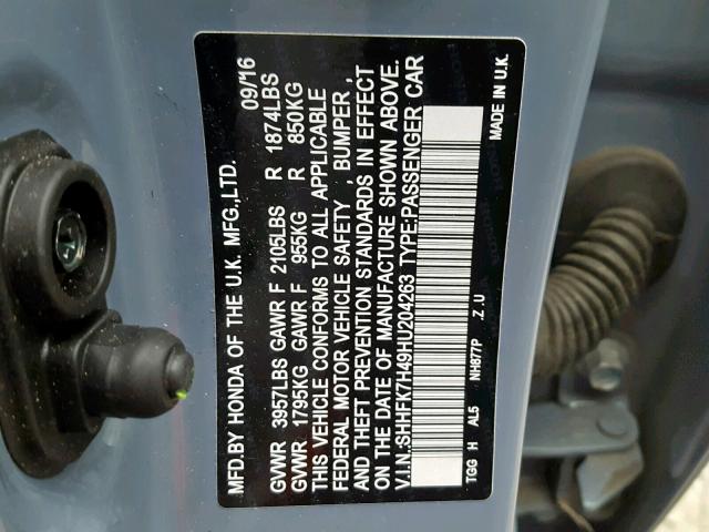 SHHFK7H49HU204263 - 2017 HONDA CIVIC SPOR GRAY photo 10