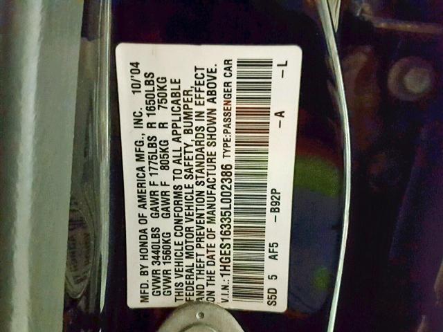 1HGES16335L002386 - 2005 HONDA CIVIC DX V BLACK photo 10