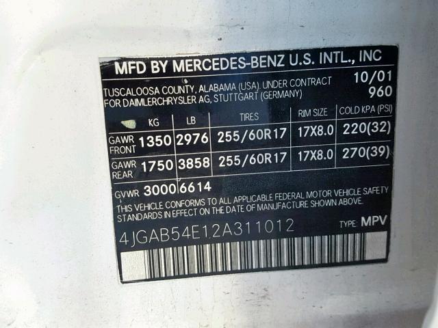 4JGAB54E12A311012 - 2002 MERCEDES-BENZ ML 320 WHITE photo 10