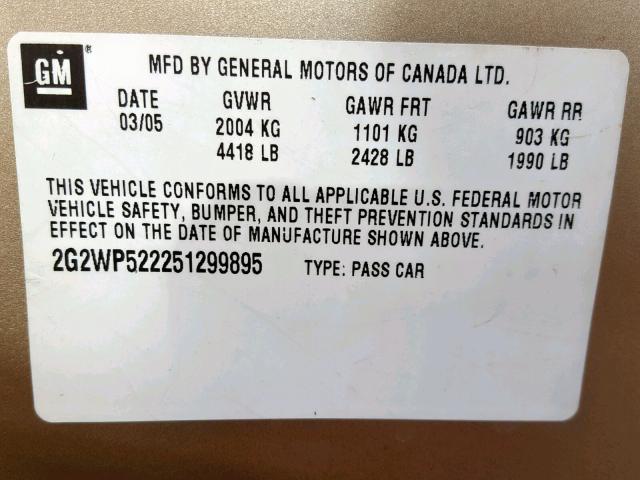 2G2WP522251299895 - 2005 PONTIAC GRAND PRIX GOLD photo 10