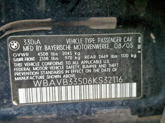 WBAVB33506KS32116 - 2006 BMW 330 I BLACK photo 10