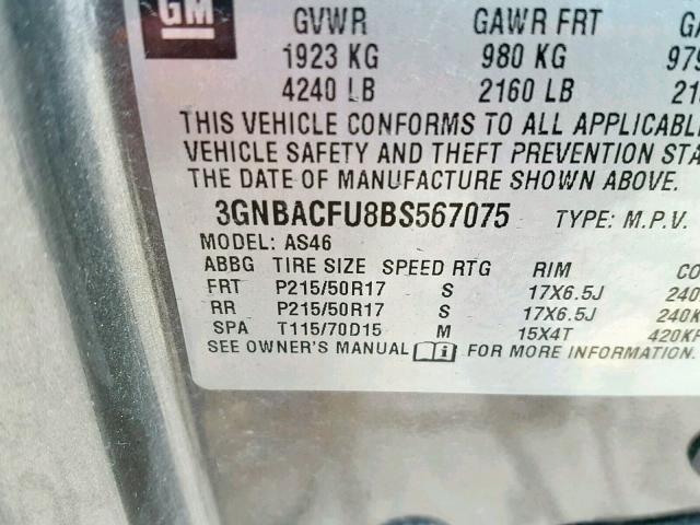 3GNBACFU8BS567075 - 2011 CHEVROLET HHR LT GRAY photo 10