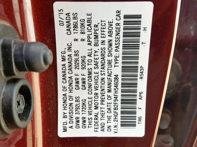 2HGFB2F94FH546084 - 2015 HONDA CIVIC EXL MAROON photo 10