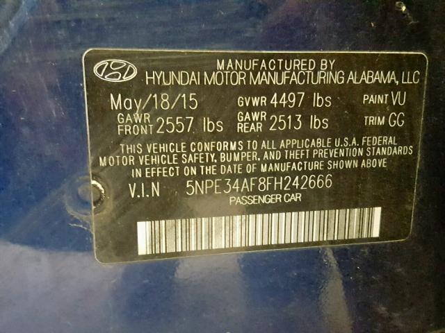 5NPE34AF8FH242666 - 2015 HYUNDAI SONATA SPO BLUE photo 10