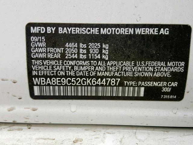 WBA8E9C52GK644787 - 2016 BMW 328 I SULE WHITE photo 10