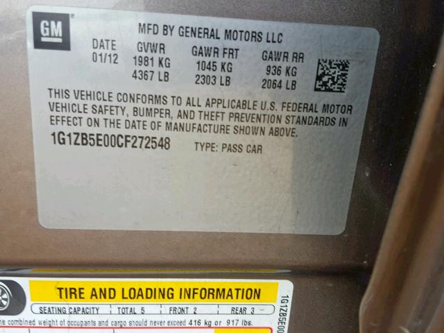 1G1ZB5E00CF272548 - 2012 CHEVROLET MALIBU LS ნაცრისფერი ფოტო 10