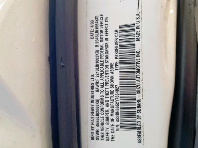 4S3BH6652Y7664827 - 2000 SUBARU LEGACY OUT WHITE photo 10