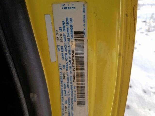 3VWCC21C4YM429236 - 2000 VOLKSWAGEN NEW BEETLE ყვითელი ფოტო 10