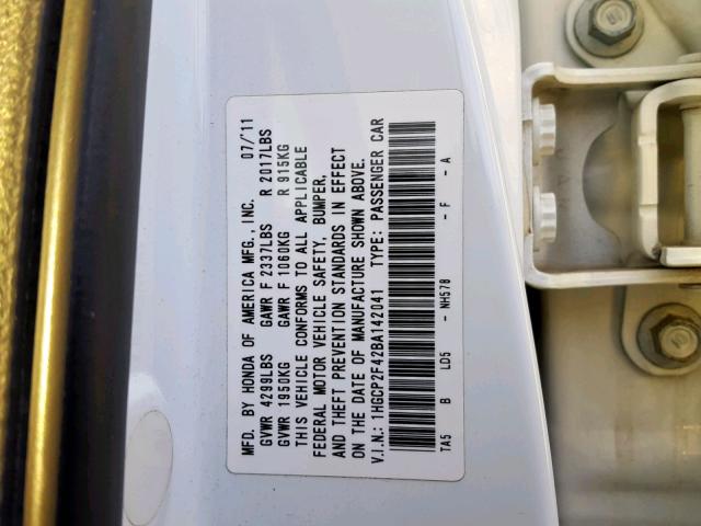 1HGCP2F42BA142041 - 2011 HONDA ACCORD LXP WHITE photo 10