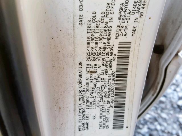 JTJGF10U320136922 - 2002 LEXUS RX 300 WHITE photo 10