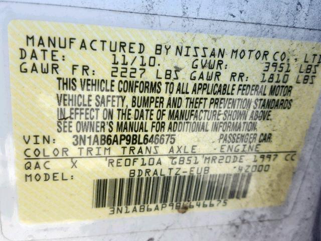 3N1AB6AP9BL646675 - 2011 NISSAN SENTRA 2.0 WHITE photo 10